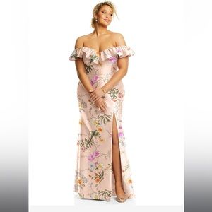 NWT OFF-THE-SHOULDER RUFFLE NECK FLORAL SATIN TRUMPET GOWN BUTTERFLY BOTANICA